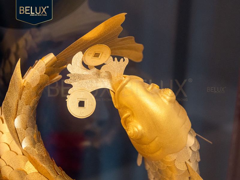 Tượng Đôi Cá Chép dát vàng 24k 28x17x36cm